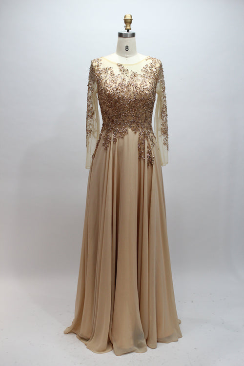Champagne sequin lace long-sleeve mother-of-the-bride dress, sheer sleeves, full skirt
