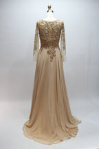 Champagne sequin lace long-sleeve dress with fitted waist and flowing A-line skirt