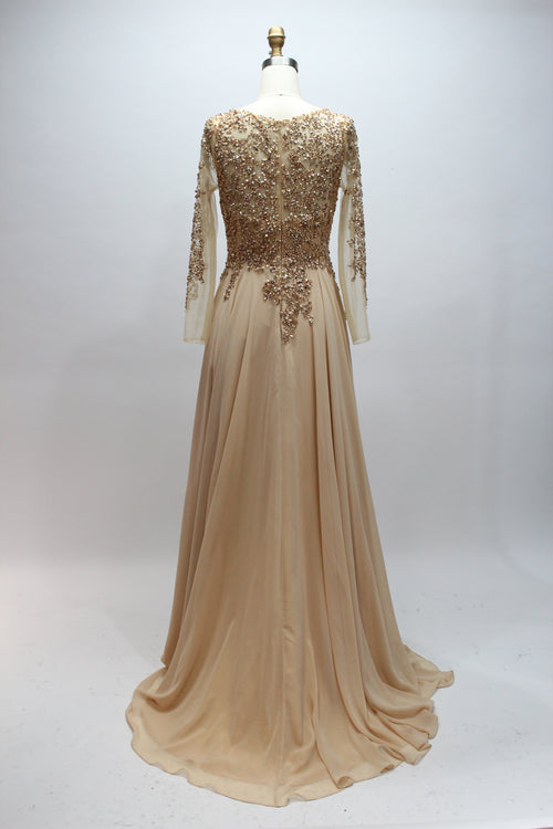 Champagne sequin lace long-sleeve dress with fitted waist and flowing A-line skirt