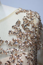 Close-up of champagne sequins on lace bodice with sheer long sleeve