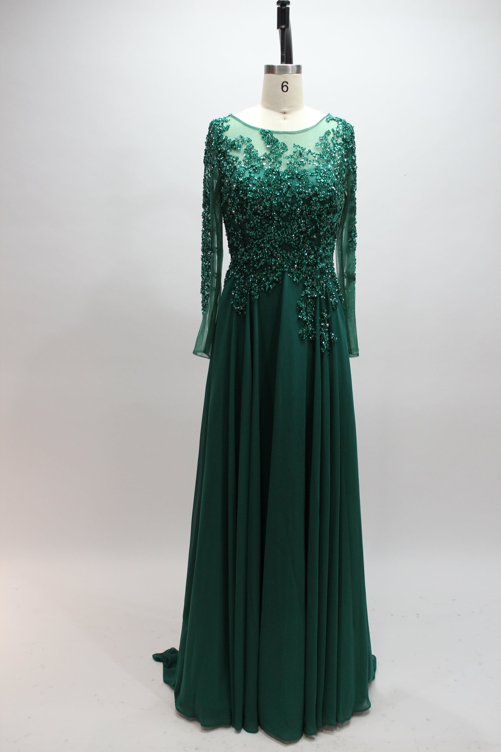 Emerald green sequin lace long-sleeve mother-of-the-bride dress with gathered skirt