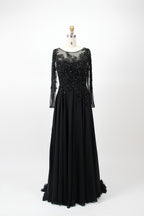 Black sequin lace long-sleeve dress with sheer sleeves and gathered flared skirt