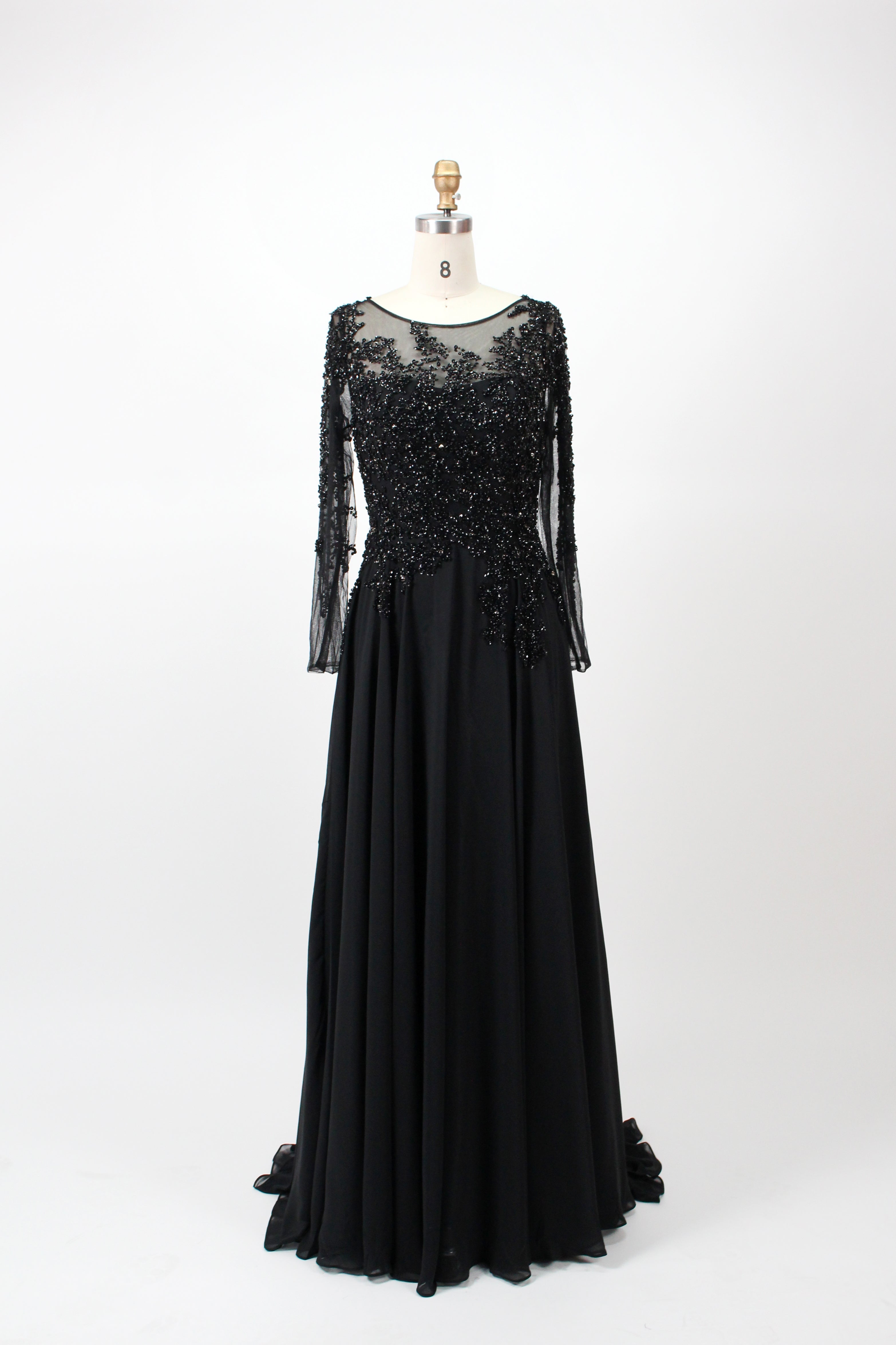 Black sequin lace long-sleeve dress with sheer sleeves and gathered flared skirt