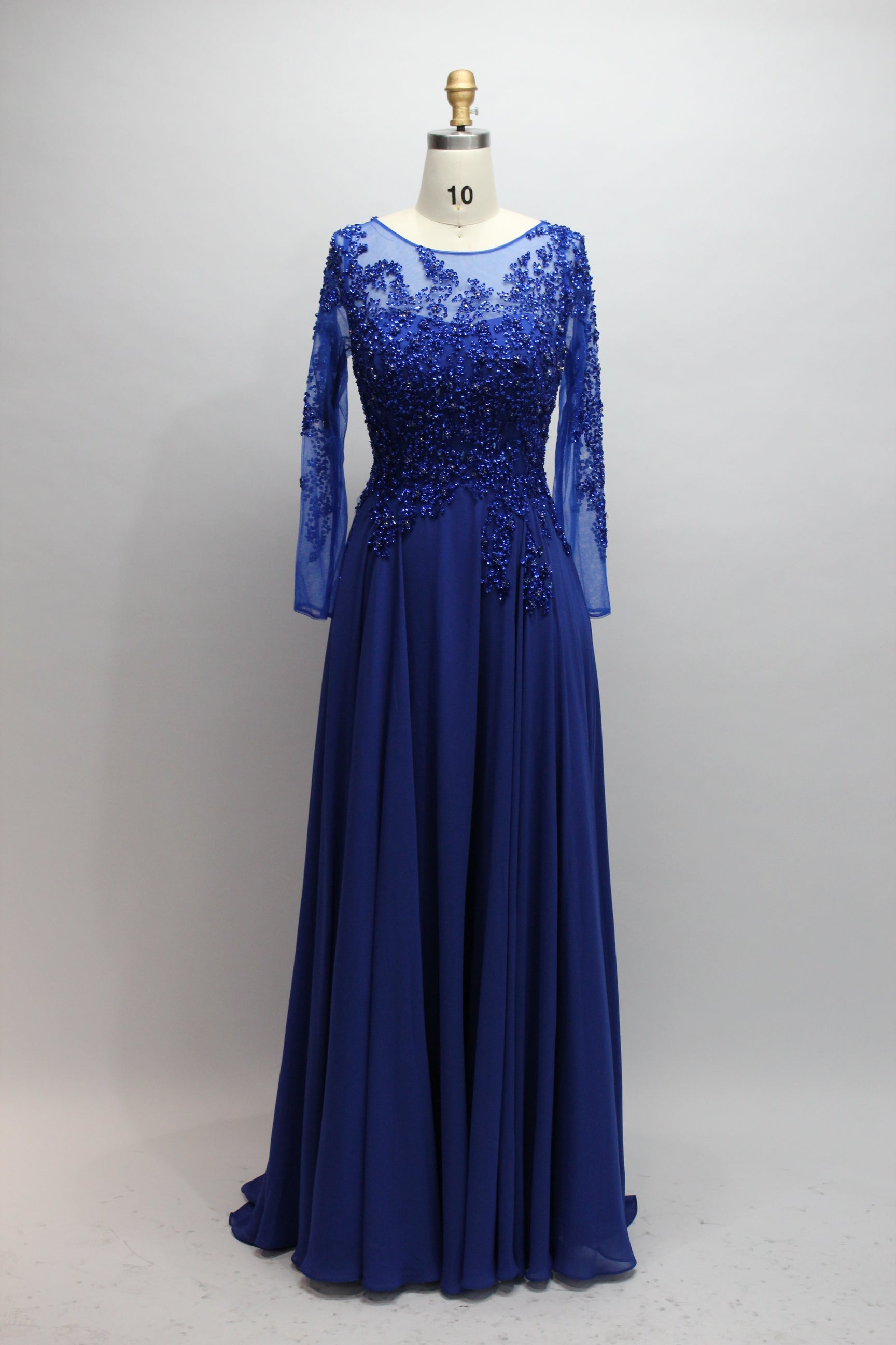 Royal blue sequin lace long-sleeve dress with sheer lace sleeves and pleated skirt