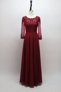 Burgundy beaded mother-of-the-bride gown with long sheer chiffon sleeves and pleated skirt