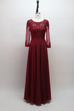 Burgundy beaded mother-of-the-bride gown with long sheer chiffon sleeves and pleated skirt