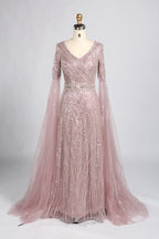 Pink sequin V-neck evening gown with cape sleeves and A-line tulle skirt