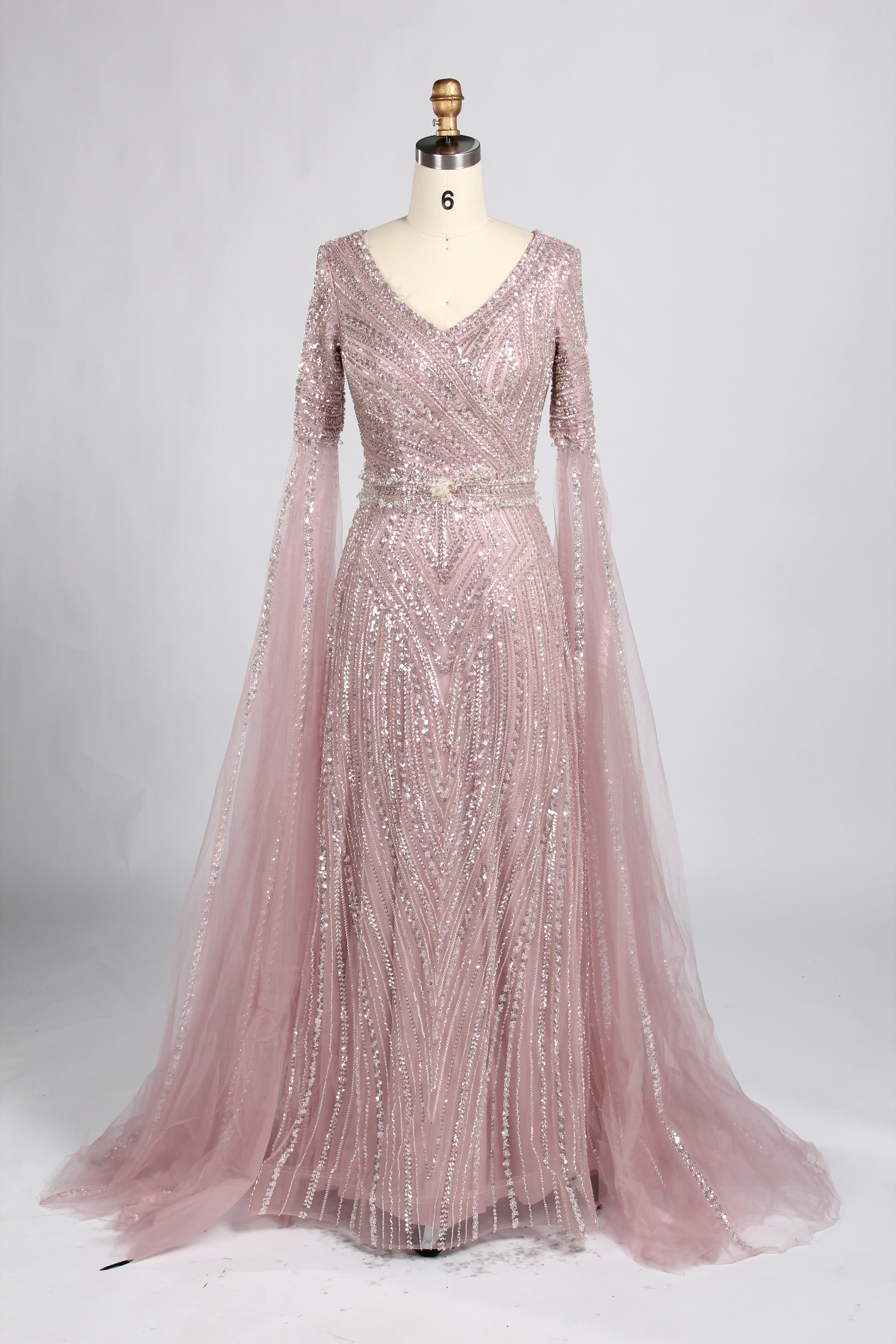 Pink sequin V-neck evening gown with cape sleeves and A-line tulle skirt