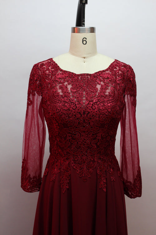 Burgundy beaded bodice with illusion yoke and long sheer chiffon sleeves