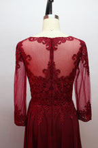 Burgundy beaded gown with illusion back, sheer long chiffon sleeves