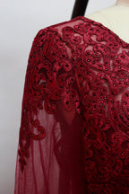 Burgundy beaded lace back detail with illusion tulle and sheer sleeve