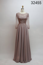 Taupe beaded mother-of-the-bride gown with lace bodice and long sheer chiffon sleeves