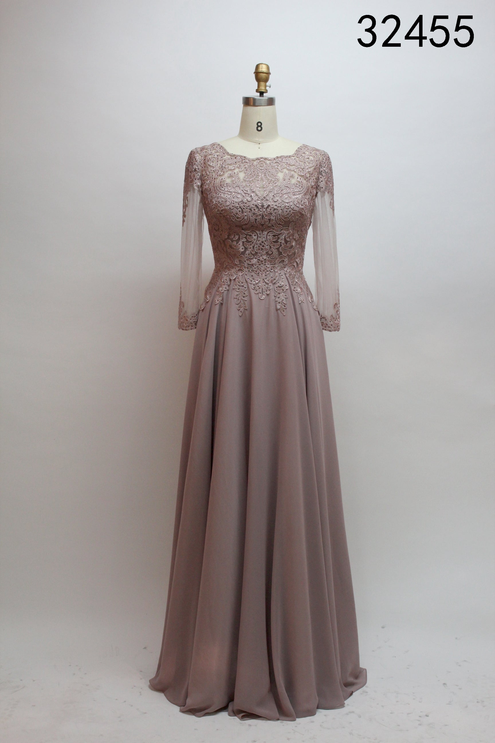 Taupe beaded mother-of-the-bride gown with lace bodice and long sheer chiffon sleeves