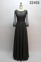 Grey beaded mother-of-the-bride gown with lace bodice and sheer long chiffon sleeves