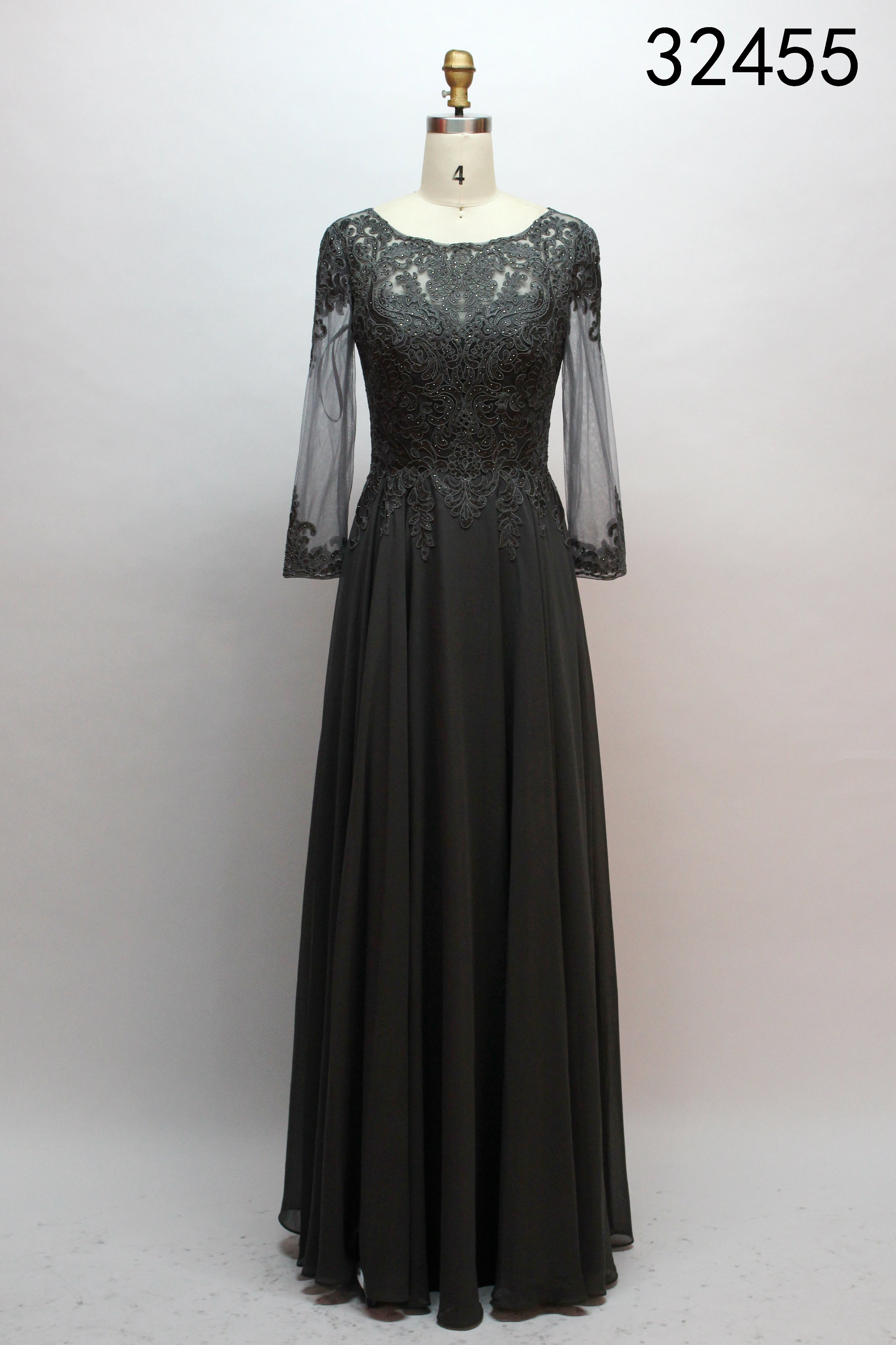 Grey beaded mother-of-the-bride gown with lace bodice and sheer long chiffon sleeves