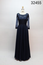 Navy beaded mother-of-the-bride gown with lace bodice and 3/4 sheer chiffon sleeves