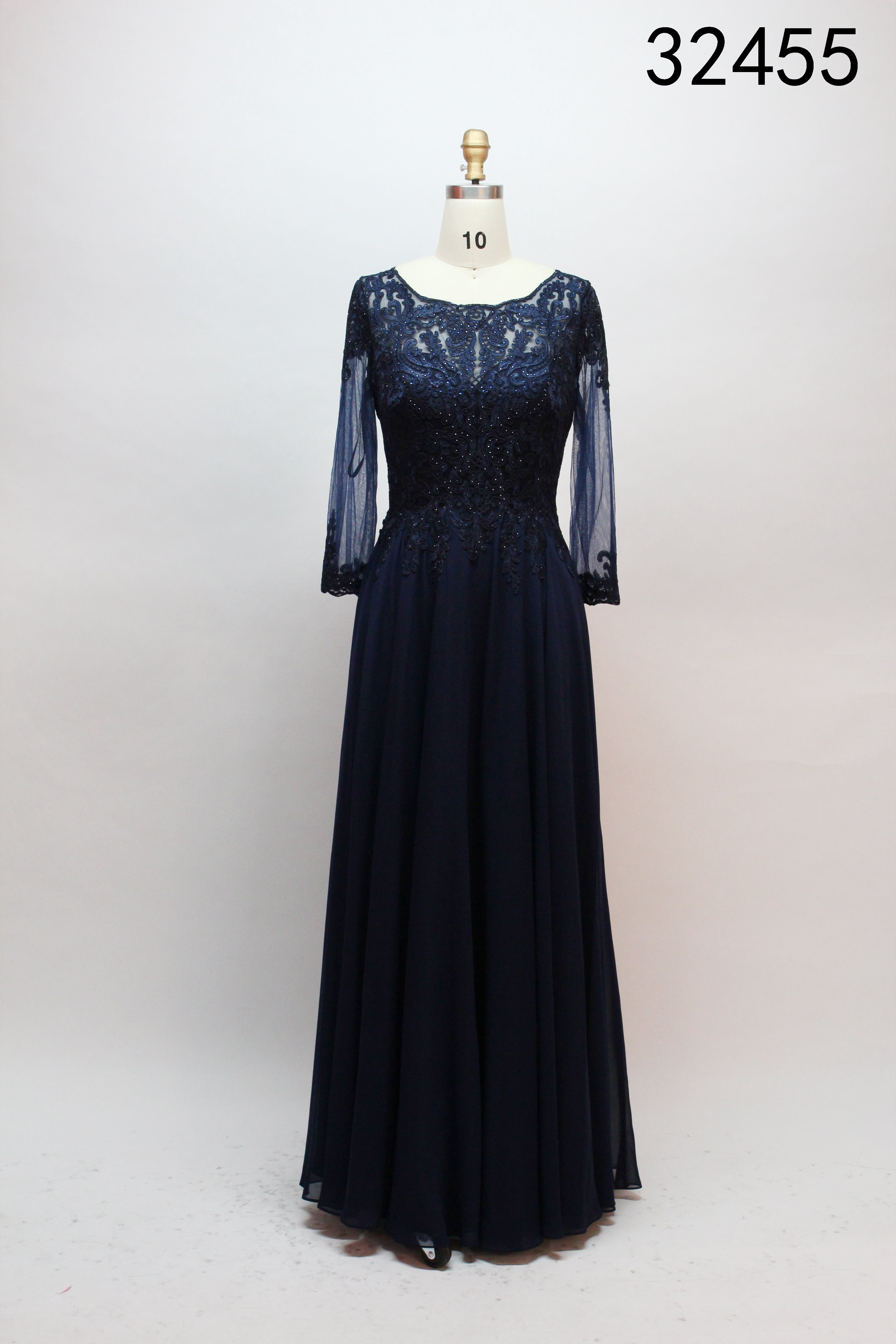Navy beaded mother-of-the-bride gown with lace bodice and 3/4 sheer chiffon sleeves
