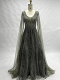 Round Neck Lace A-Line Mother of the Bride Dress with Long Sleeves KS015