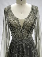 Round Neck Lace A-Line Mother of the Bride Dress with Long Sleeves KS015