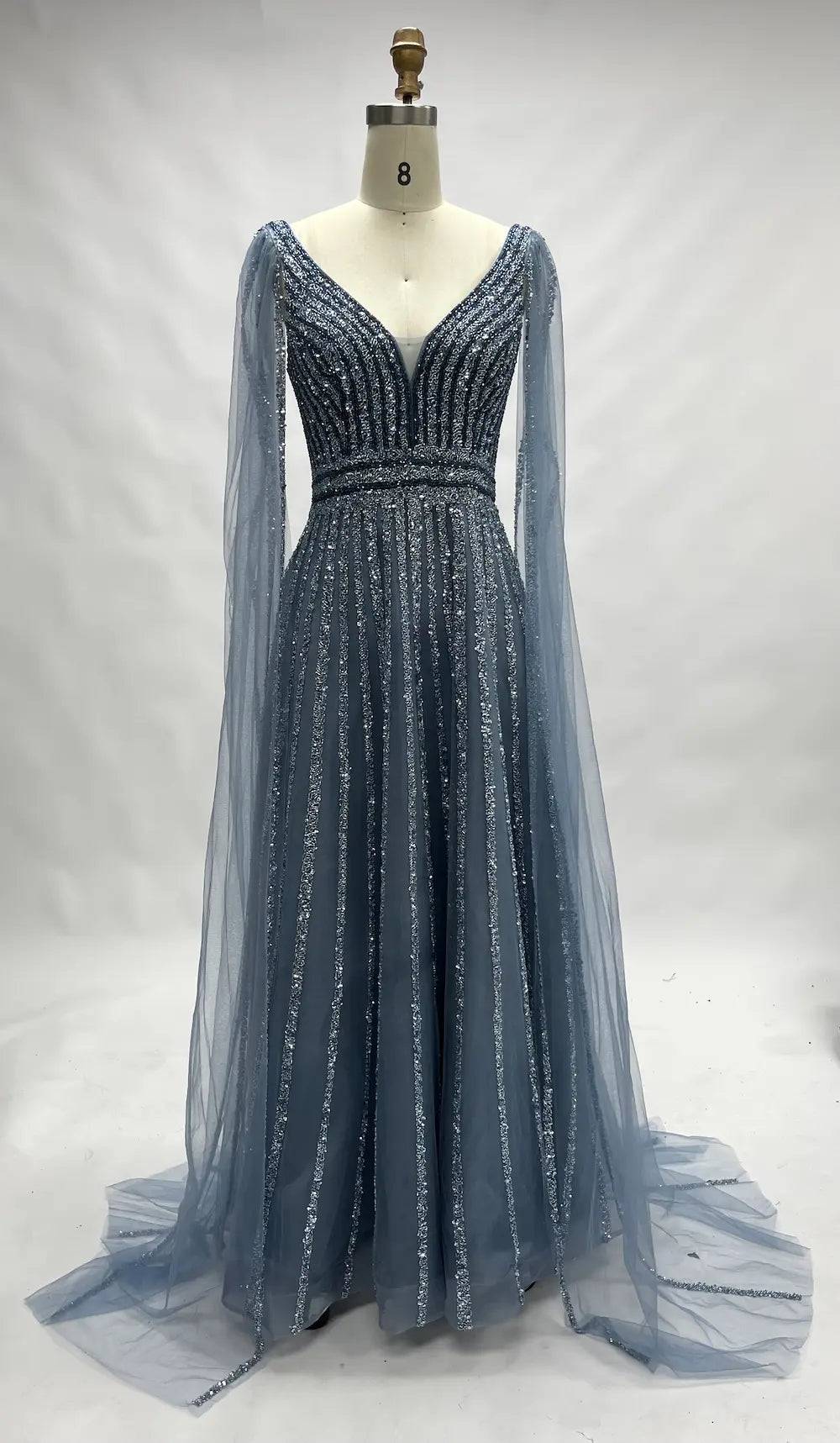Beaded Fit-and-Flare Mother of the Bride Dress with Long Sleeves MC090